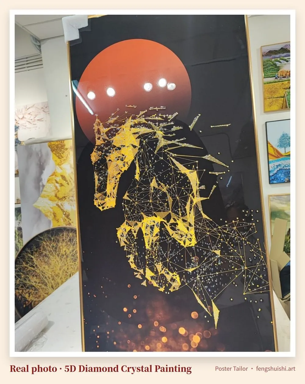 Portrait 5D diamond crystal horse painting, gold line horse on black background with red sun above and gold dots below, lucky art 2026 for a foyer