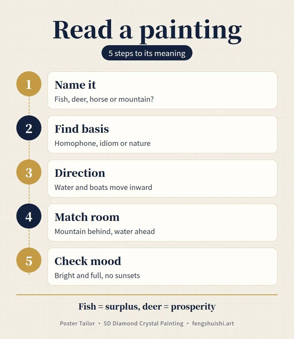 5 steps to read a feng shui painting meaning: find the symbol, check the basis, check the direction, match the room, check the mood