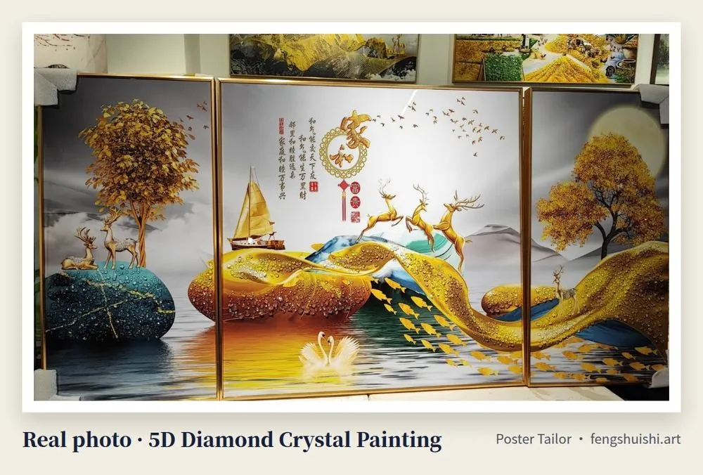 Golden deer triptych 5D diamond crystal painting with golden tree, golden sailing boat and teal stones, feng shui painting meaning of deer, money tree and boat