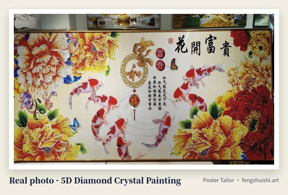Koi and peony 5D diamond crystal painting, red and white koi among large peonies, calligraphy 花开富贵, lucky symbols art