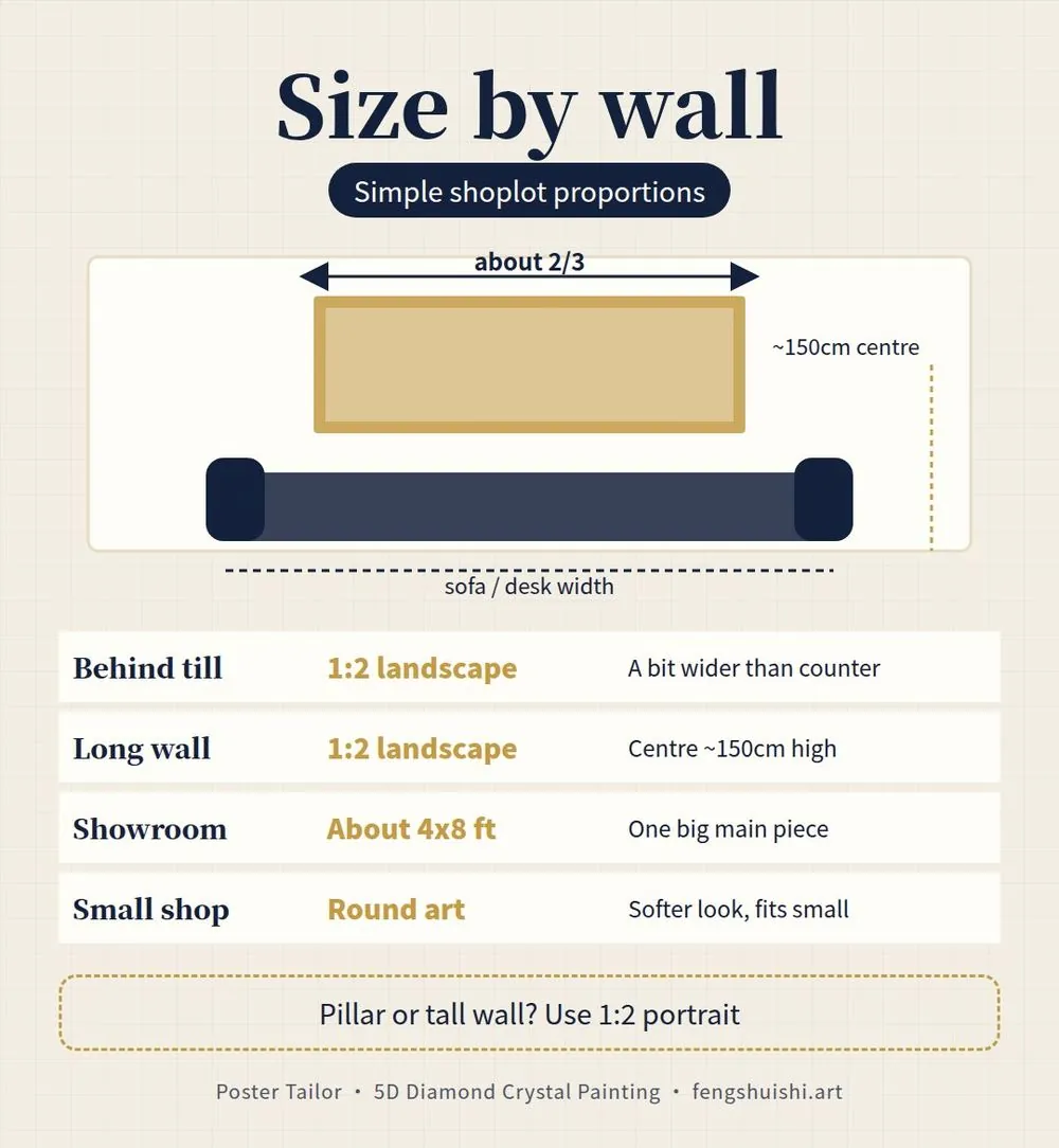 Shop feng shui painting size guide for cashier wall, entrance wall and long shop wall in a Malaysian shoplot