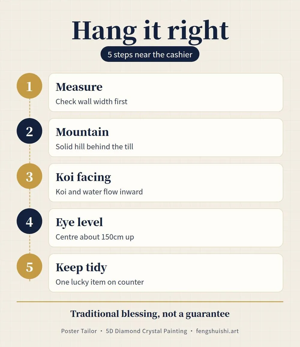 5 steps to hang a shop feng shui painting near the cashier, measure wall, choose subject, check direction, set height, keep tidy