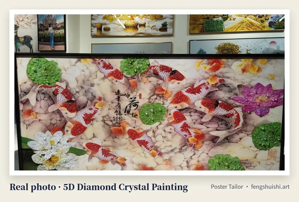 Koi and lotus 5D diamond crystal painting, landscape, full of red and white koi among green lotus leaves and flowers, shop feng shui painting
