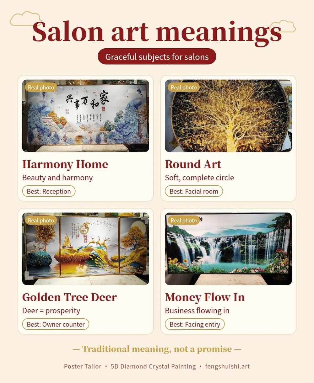 Beauty salon wall art meaning card: Harmony Home, Round Art, Golden Tree Deer and Money Flow In for Malaysian salons