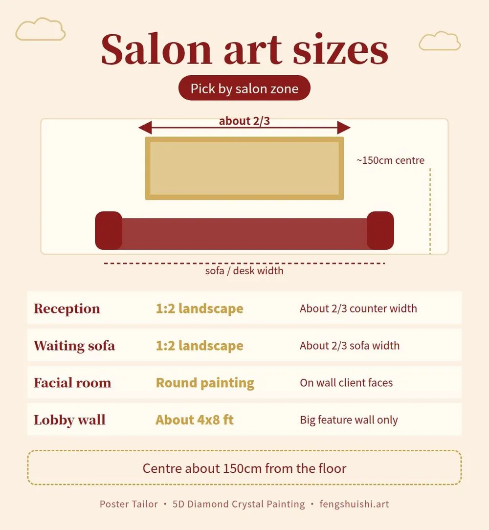 Beauty salon wall art size card: reception wall, waiting area, facial room and lobby feature wall sizes