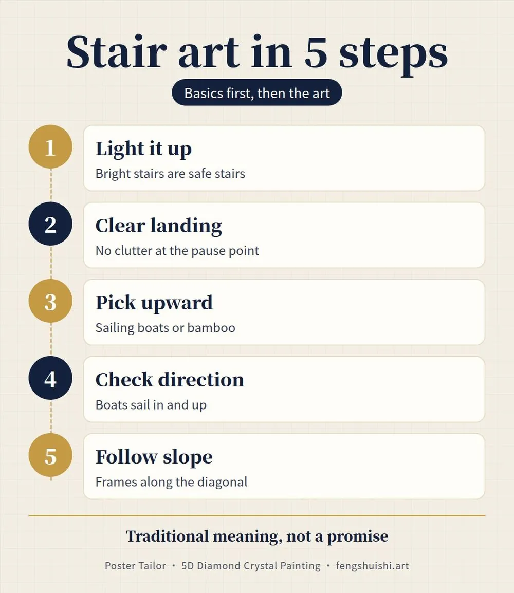 Staircase wall art feng shui steps card: light the stairs, clear the landing, pick an uplifting subject, check direction, hang along the slope