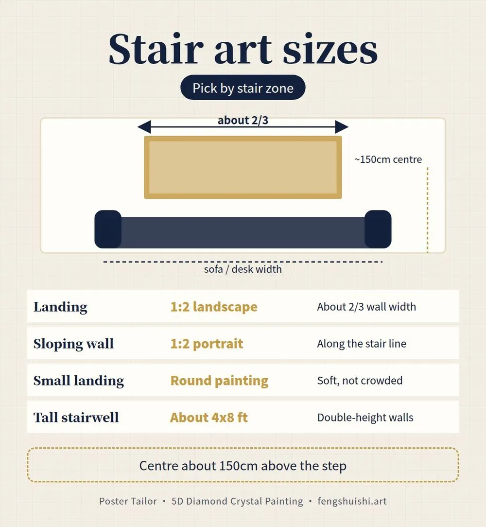 Staircase wall art size card: landing wall, sloping wall, foot of stairs and tall stairwell painting sizes