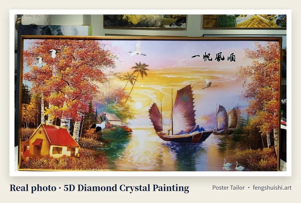 Landscape 5D diamond crystal painting of red and yellow autumn trees, Chinese sailing boats on a lake and lakeside houses, titled 一帆风顺, staircase wall art feng shui
