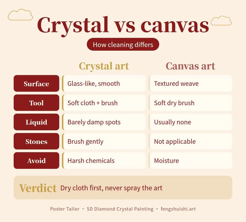 How to clean crystal wall art compared with ordinary canvas art: tools, liquids, raised stones, dusting and placement
