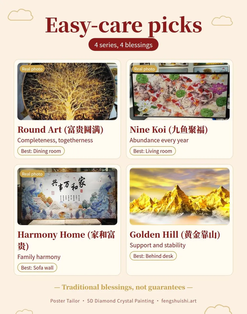 Crystal wall art meaning card: Round Art, Nine Koi, Harmony Home and Golden Hill, what each means and where it hangs
