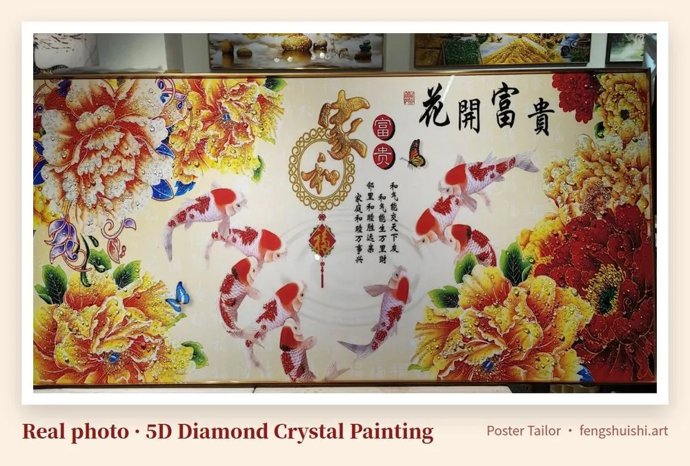 Koi and peony 5D diamond crystal painting, landscape, red and white koi swimming among large peonies with 花开富贵 calligraphy, how to clean crystal wall art