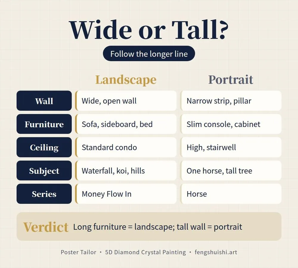 Landscape or portrait wall art comparison card: wide sofa wall vs narrow pillar wall, furniture, ceiling and subject