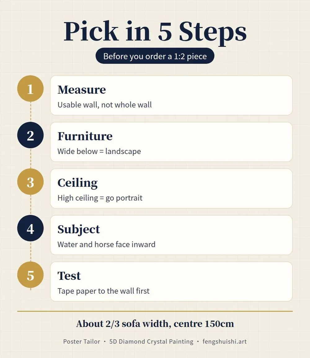 Wall art orientation in 5 steps: measure usable wall, check furniture, check ceiling, match subject, test with paper
