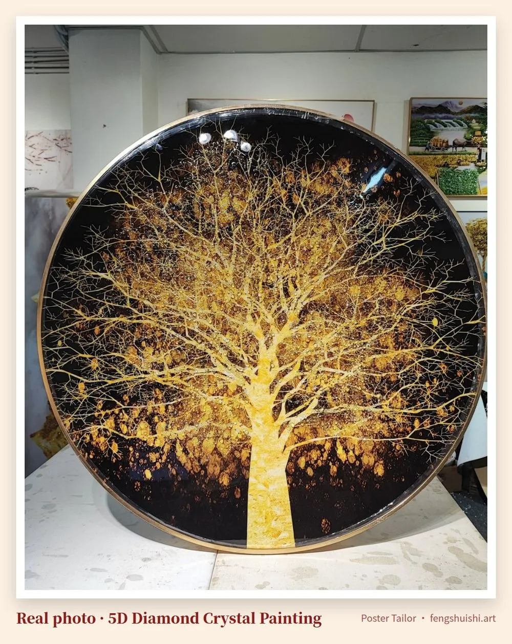 Round gold money tree 5D diamond crystal painting on black background with gold round frame, luxury wall art
