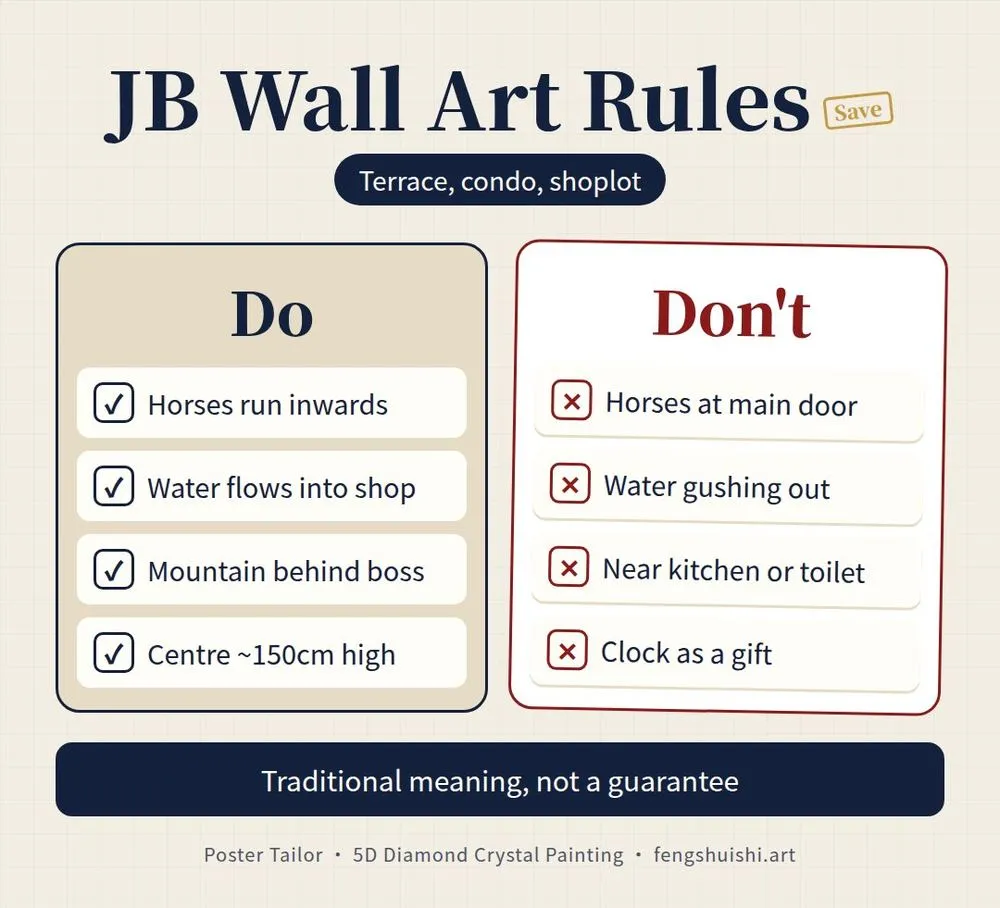 Feng shui painting Johor Bahru checklist: do hang horses running into the room, don't let water flow out of the main door
