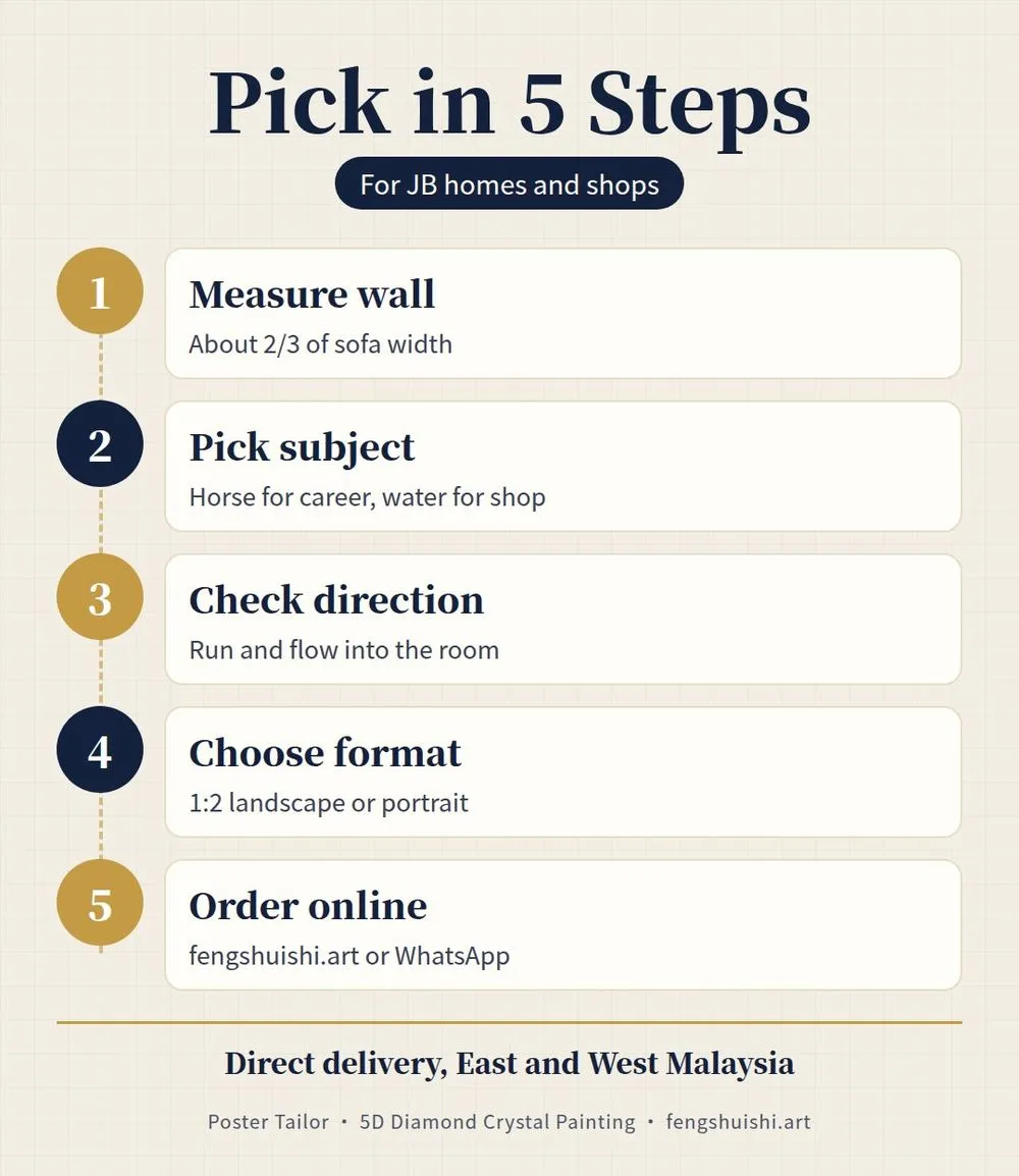 Feng shui painting Johor Bahru steps: measure the wall, pick the subject, check direction, choose landscape or portrait, order online