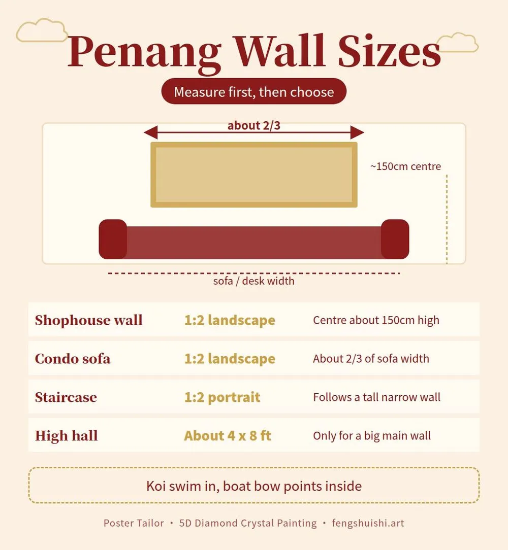 Feng shui painting Penang size guide: shophouse wall, condo sofa wall, narrow staircase wall, high ceiling hall, 1:2 landscape, portrait, about 4 x 8 ft