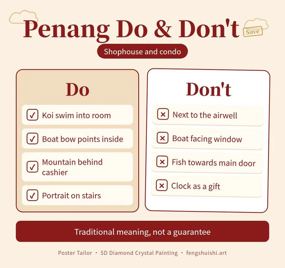 Feng shui painting Penang checklist: do let koi swim inwards and boat bow point inside; don't hang next to a splashing airwell or facing out of the window