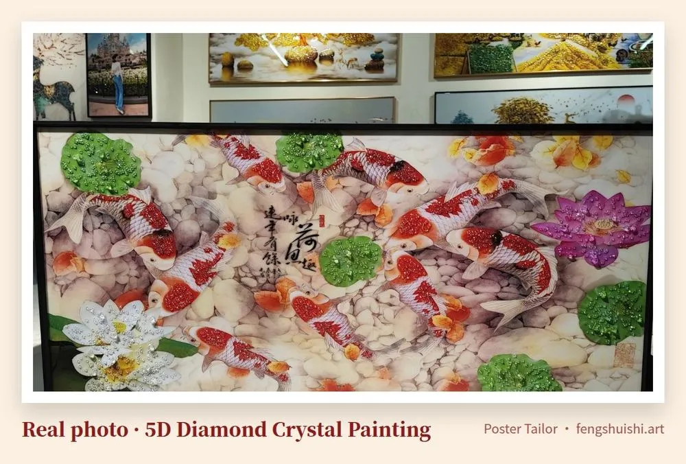 Koi and lotus 5D diamond crystal painting real photo, landscape, red and white koi with green lotus leaves and flowers, feng shui painting Penang
